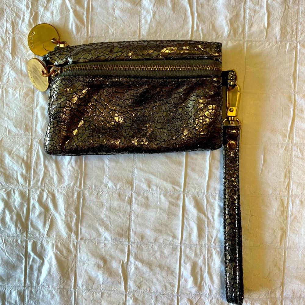 Deux Lux Clutch Bronze Black Metallic Textured 6” x 2.5” Strap Lined Pockets